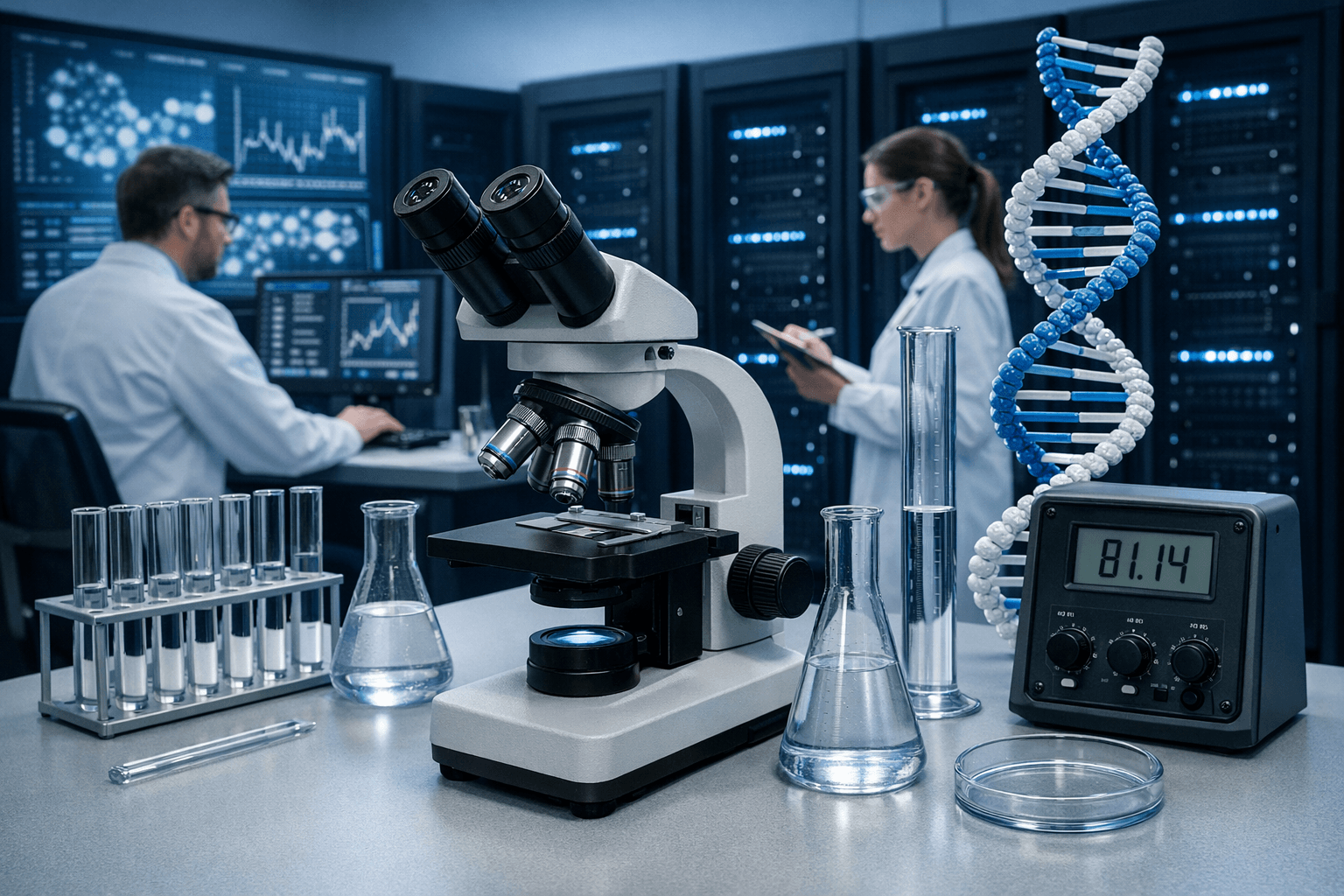 Researchers in a lab with a supercomputer