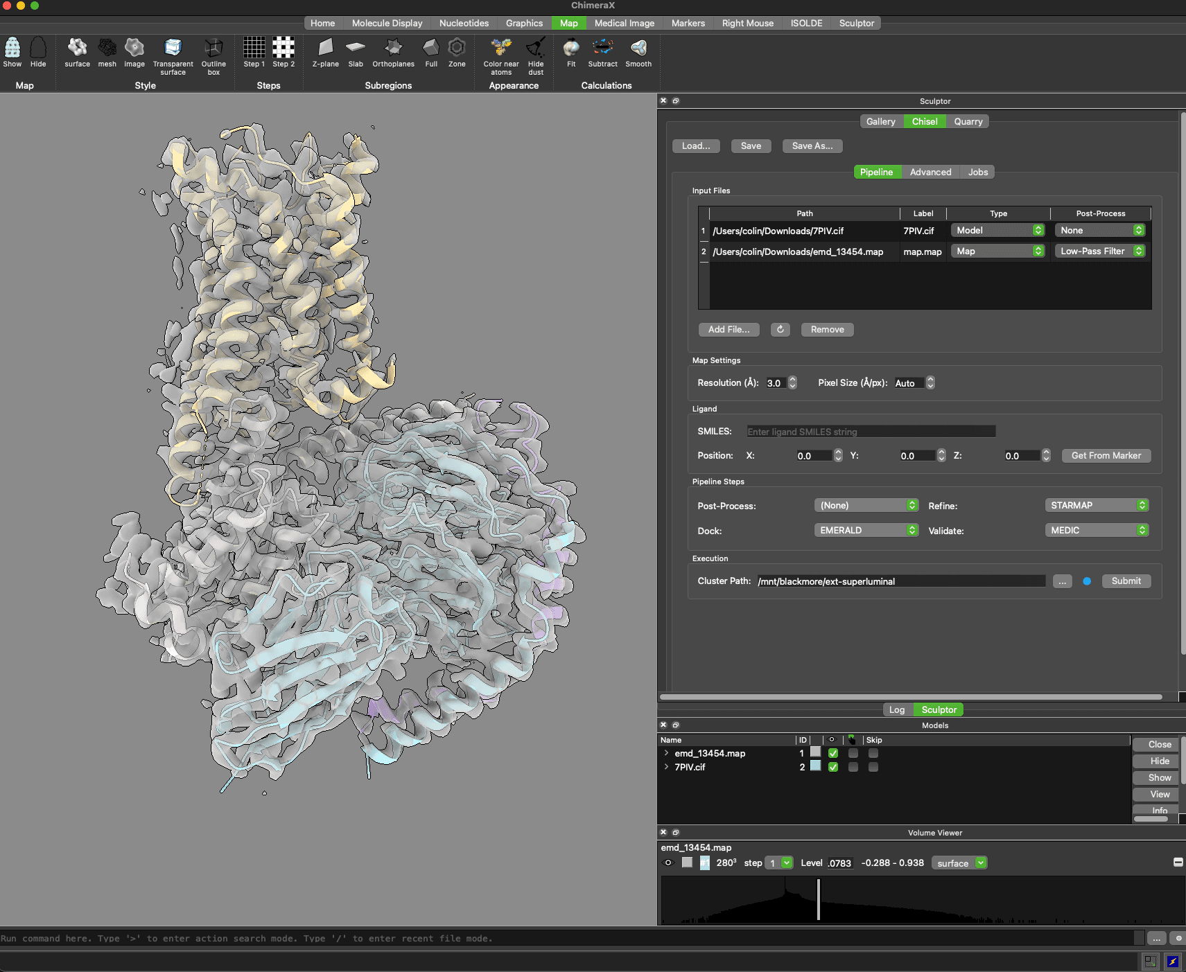 Image of UCSF ChimeraX displaying GPCR model and map